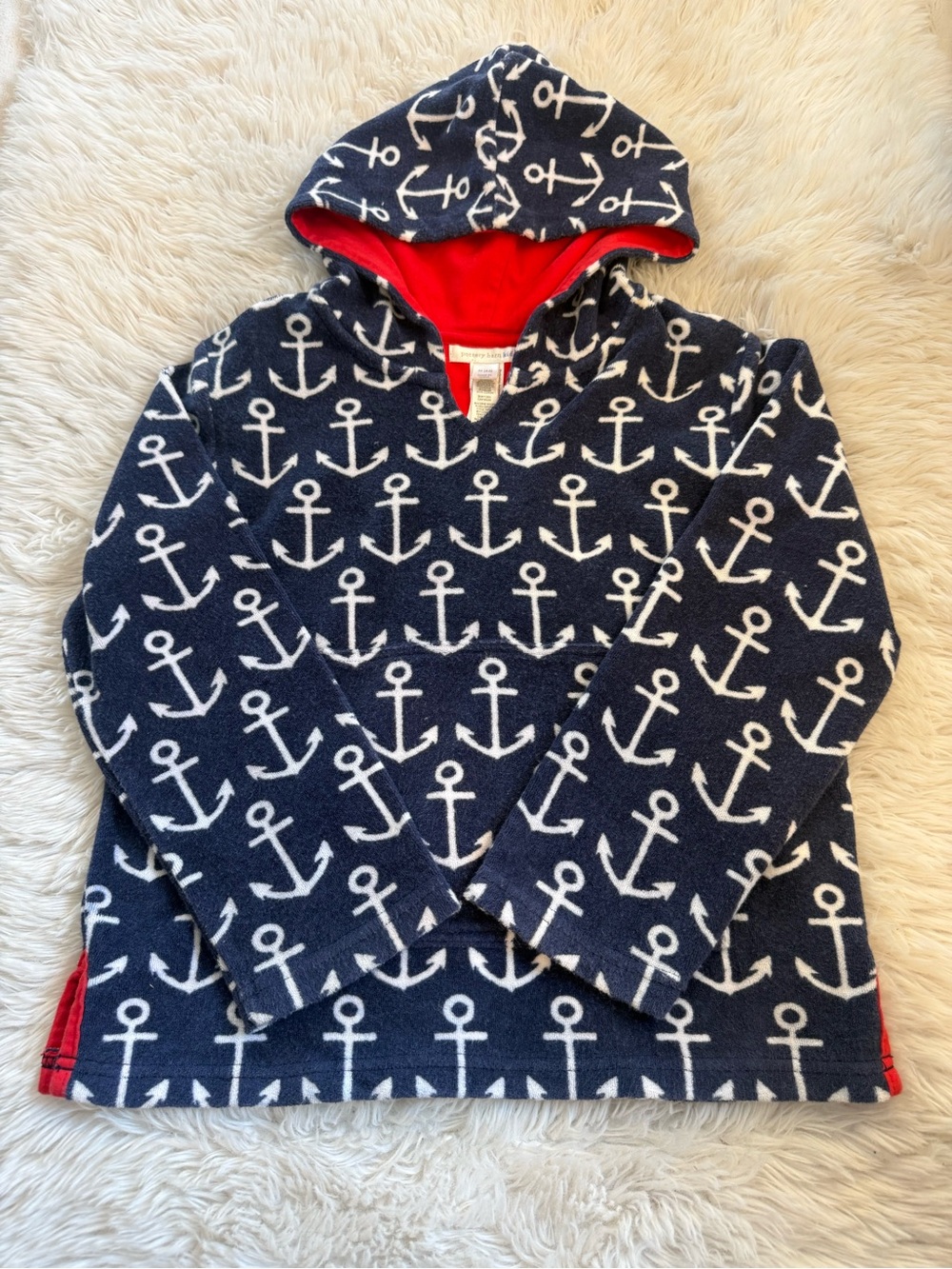 Pottery Barn Kids Swim Coverup Navy & White Anchor Hoodie Toddler Sz M 4/5